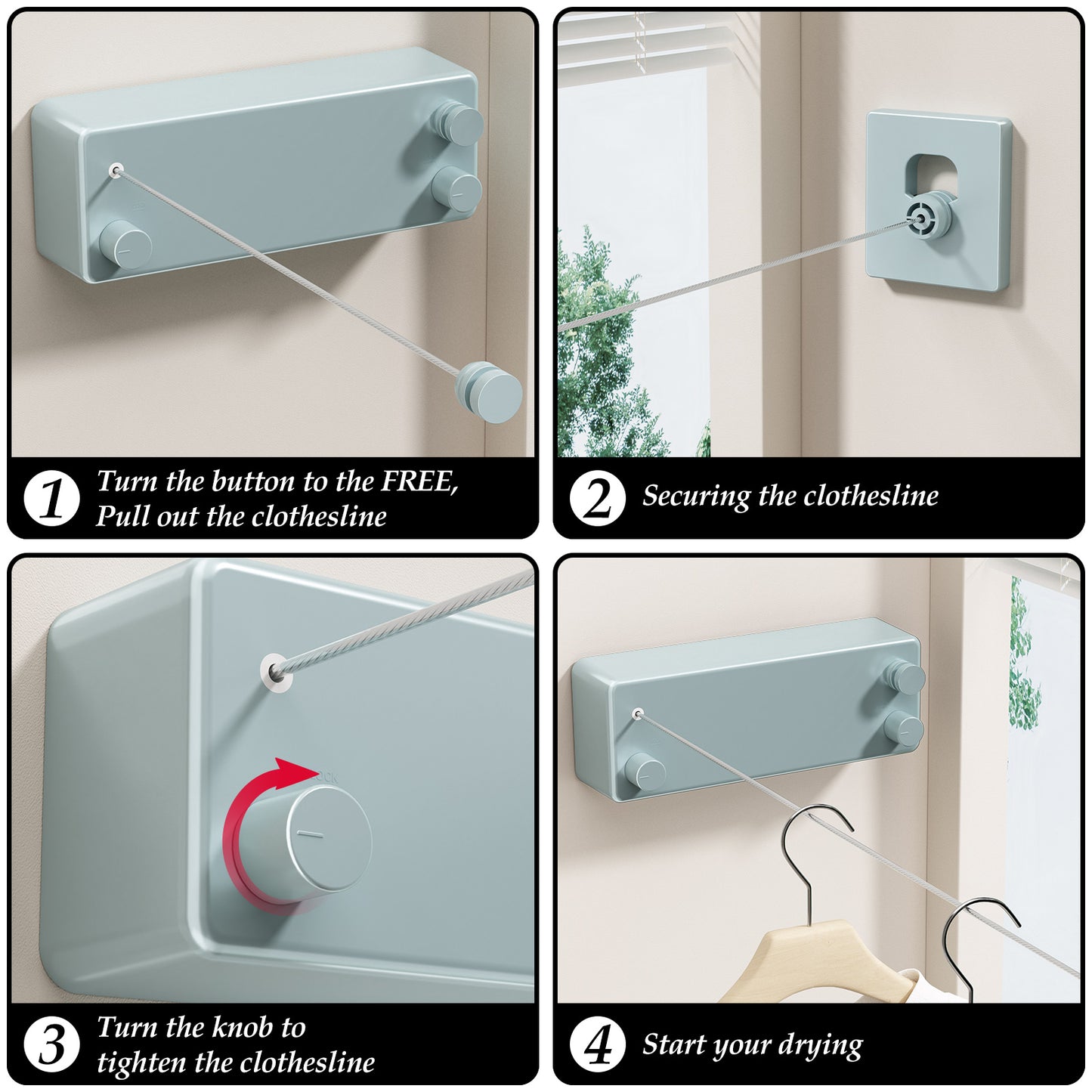Danpoo Retractable Clothesline Indoor/Outdoor, Double Lines for Hanging Clothes with 13.8 Ft Steel Wire, Laundry Drying Line