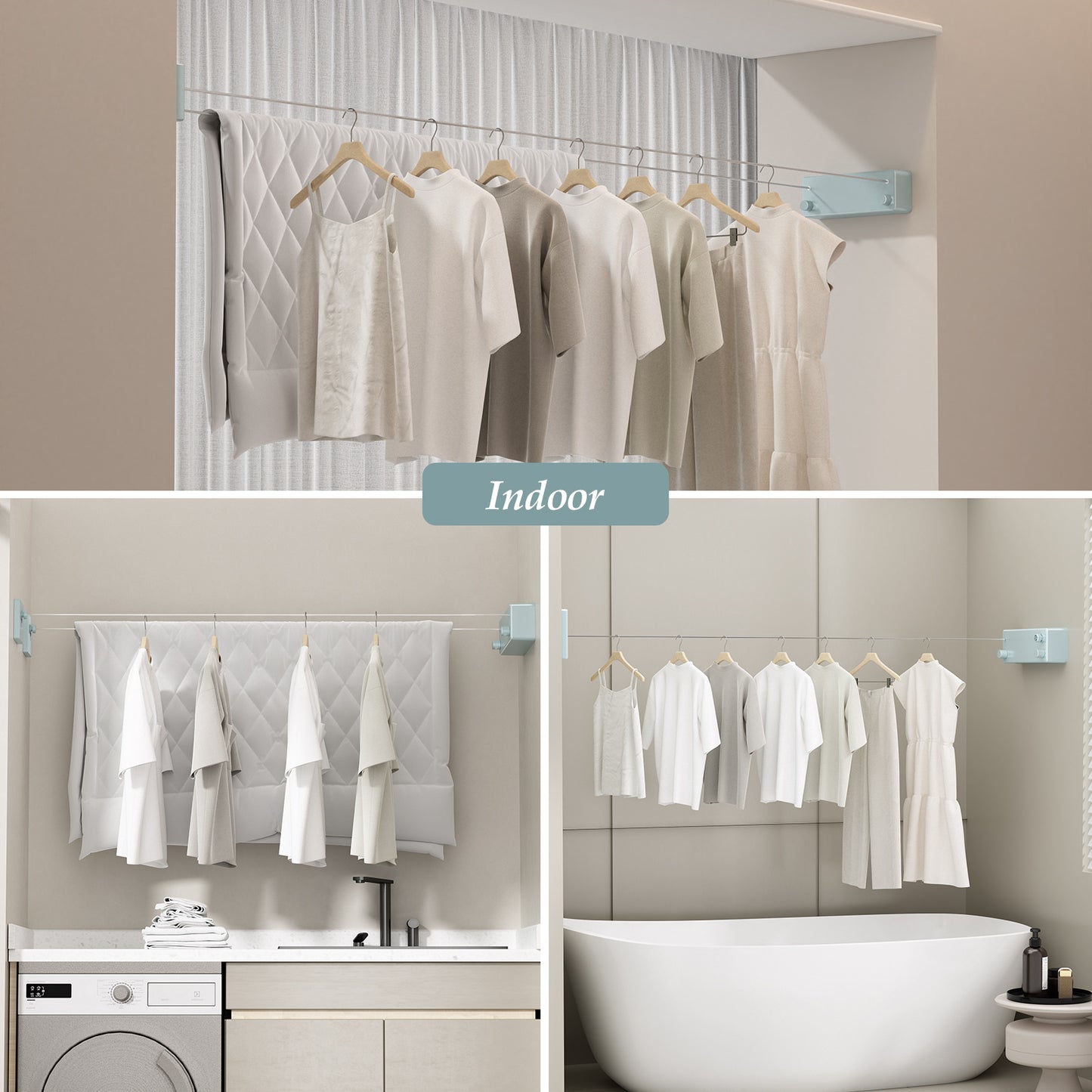 Danpoo Retractable Clothesline Indoor/Outdoor, Double Lines for Hanging Clothes with 13.8 Ft Steel Wire, Laundry Drying Line