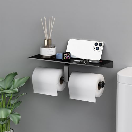 Danpoo Toilet Paper Toilet Holder with Shelf, Adhesive Toilet Paper Holder Wall Mount, Tissue Holder for Bathroom, Double Roll Commercial Toilet Paper Dispenser