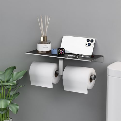 Danpoo Toilet Paper Toilet Holder with Shelf, Adhesive Toilet Paper Holder Wall Mount, Tissue Holder for Bathroom, Double Roll Commercial Toilet Paper Dispenser