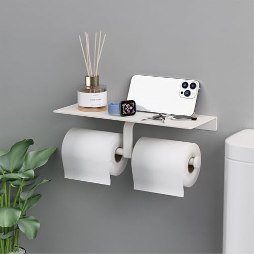 Danpoo Toilet Paper Toilet Holder with Shelf, Adhesive Toilet Paper Holder Wall Mount, Tissue Holder for Bathroom, Double Roll Commercial Toilet Paper Dispenser