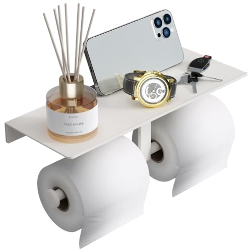 Danpoo Toilet Paper Toilet Holder with Shelf, Adhesive Toilet Paper Holder Wall Mount, Tissue Holder for Bathroom, Double Roll Commercial Toilet Paper Dispenser