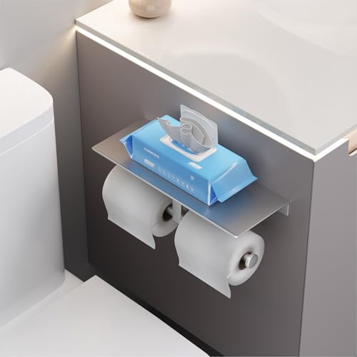 Danpoo Toilet Paper Toilet Holder with Shelf, Adhesive Toilet Paper Holder Wall Mount, Tissue Holder for Bathroom, Double Roll Commercial Toilet Paper Dispenser