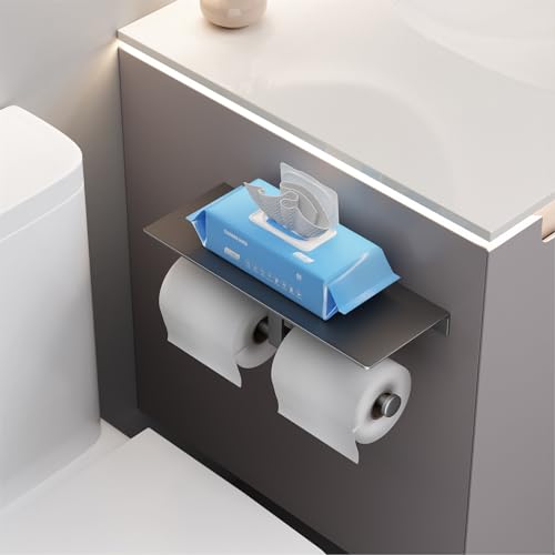 Danpoo Toilet Paper Toilet Holder with Shelf, Adhesive Toilet Paper Holder Wall Mount, Tissue Holder for Bathroom, Double Roll Commercial Toilet Paper Dispenser