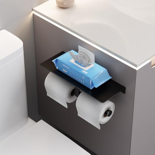 Danpoo Toilet Paper Toilet Holder with Shelf, Adhesive Toilet Paper Holder Wall Mount, Tissue Holder for Bathroom, Double Roll Commercial Toilet Paper Dispenser