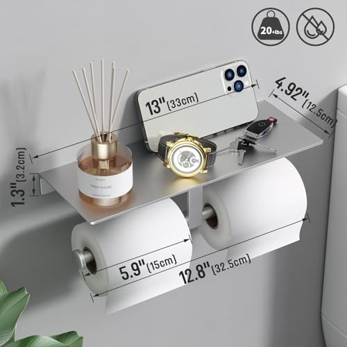 Danpoo Toilet Paper Toilet Holder with Shelf, Adhesive Toilet Paper Holder Wall Mount, Tissue Holder for Bathroom, Double Roll Commercial Toilet Paper Dispenser