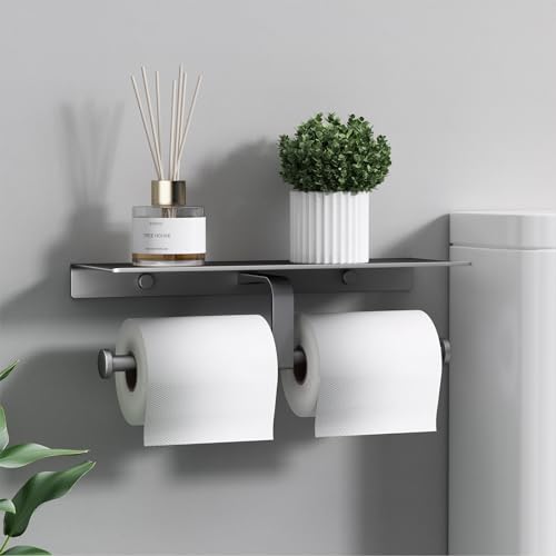 Danpoo Toilet Paper Toilet Holder with Shelf, Adhesive Toilet Paper Holder Wall Mount, Tissue Holder for Bathroom, Double Roll Commercial Toilet Paper Dispenser