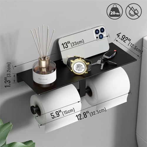 Danpoo Toilet Paper Toilet Holder with Shelf, Adhesive Toilet Paper Holder Wall Mount, Tissue Holder for Bathroom, Double Roll Commercial Toilet Paper Dispenser