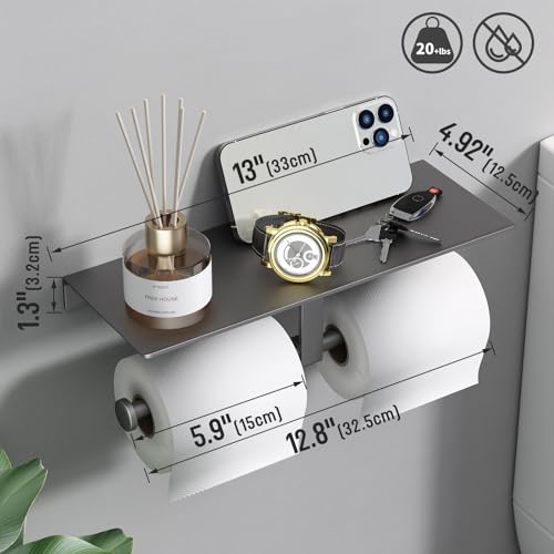 Danpoo Toilet Paper Toilet Holder with Shelf, Adhesive Toilet Paper Holder Wall Mount, Tissue Holder for Bathroom, Double Roll Commercial Toilet Paper Dispenser
