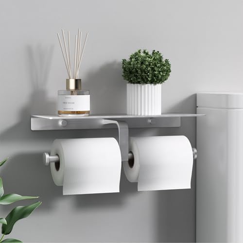 Danpoo Toilet Paper Toilet Holder with Shelf, Adhesive Toilet Paper Holder Wall Mount, Tissue Holder for Bathroom, Double Roll Commercial Toilet Paper Dispenser