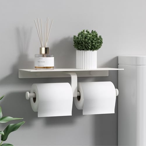Danpoo Toilet Paper Toilet Holder with Shelf, Adhesive Toilet Paper Holder Wall Mount, Tissue Holder for Bathroom, Double Roll Commercial Toilet Paper Dispenser