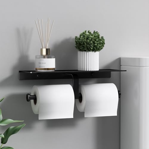 Danpoo Toilet Paper Toilet Holder with Shelf, Adhesive Toilet Paper Holder Wall Mount, Tissue Holder for Bathroom, Double Roll Commercial Toilet Paper Dispenser