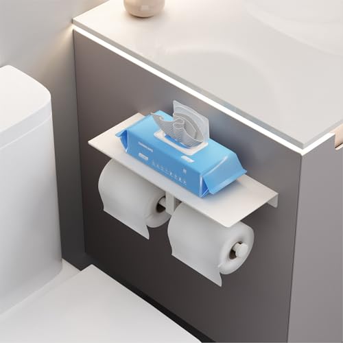 Danpoo Toilet Paper Toilet Holder with Shelf, Adhesive Toilet Paper Holder Wall Mount, Tissue Holder for Bathroom, Double Roll Commercial Toilet Paper Dispenser