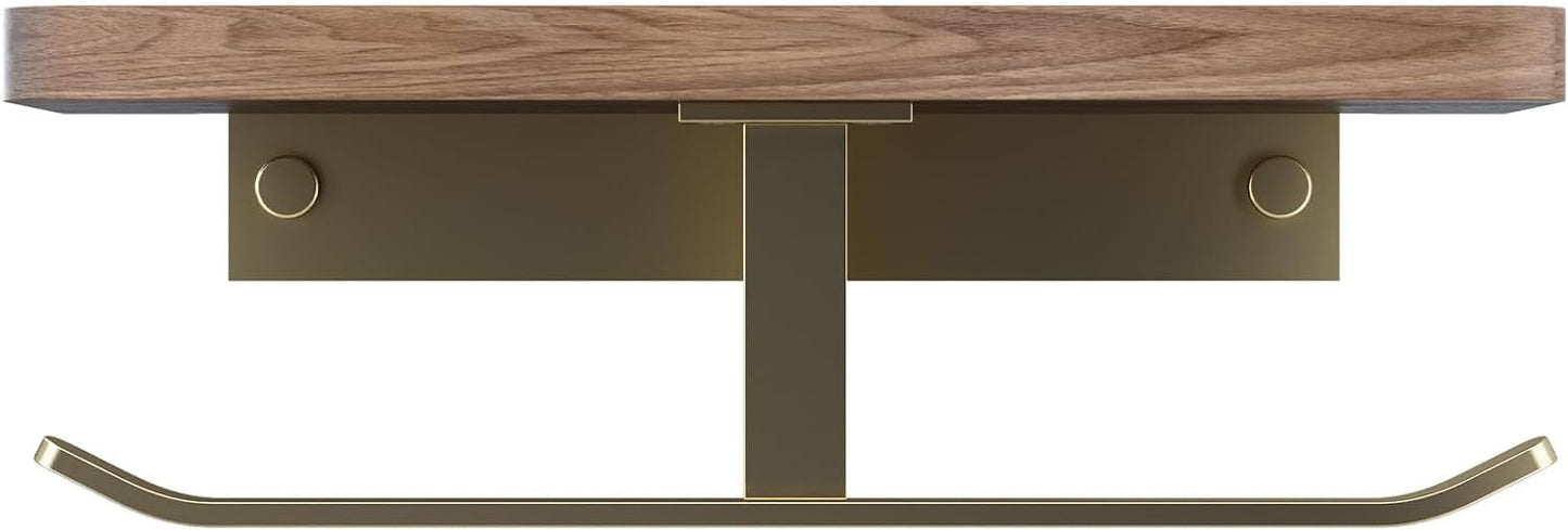 Danpoo Brushed Gold Toilet Paper Holder with Walnut Wood Shelf - Double Rolls, Wall-Mounted, Made of Premium Stainless Steel