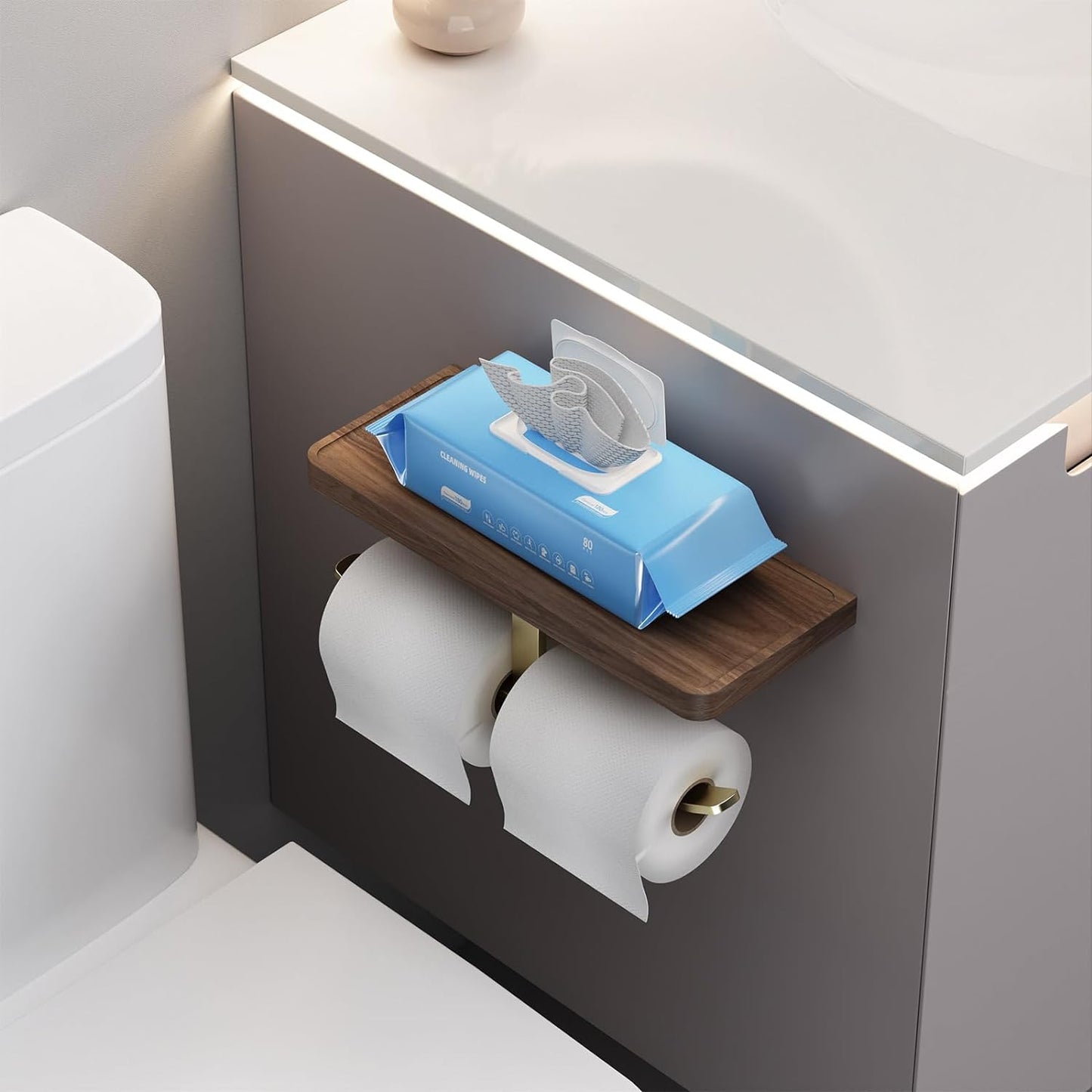 Danpoo Brushed Gold Toilet Paper Holder with Walnut Wood Shelf - Double Rolls, Wall-Mounted, Made of Premium Stainless Steel