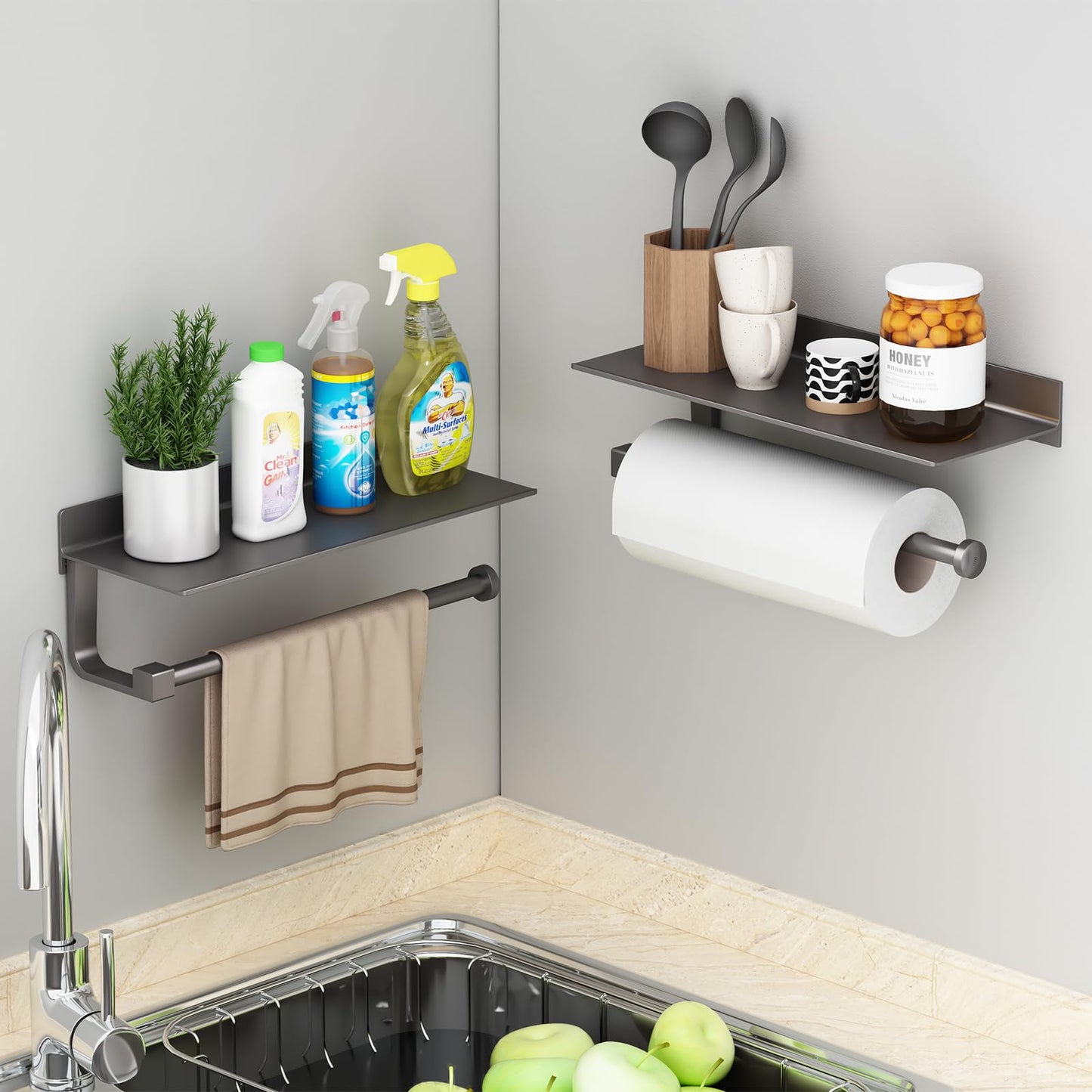 Danpoo Wall Mount Paper Towel Holder with Shelf for Bathroom, Kitchen Paper Towel Roll Holder, Hand Towel Holder Adhesive