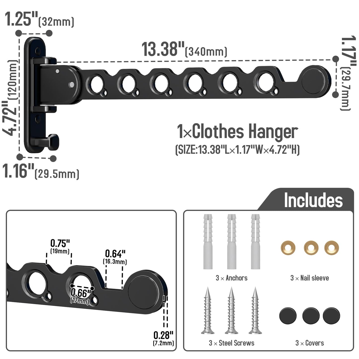 Clothes Drying Rack Foldable Wall Mounted Laundry Drying Rack Clothing Coat Hanger Clothes Dryer Black
