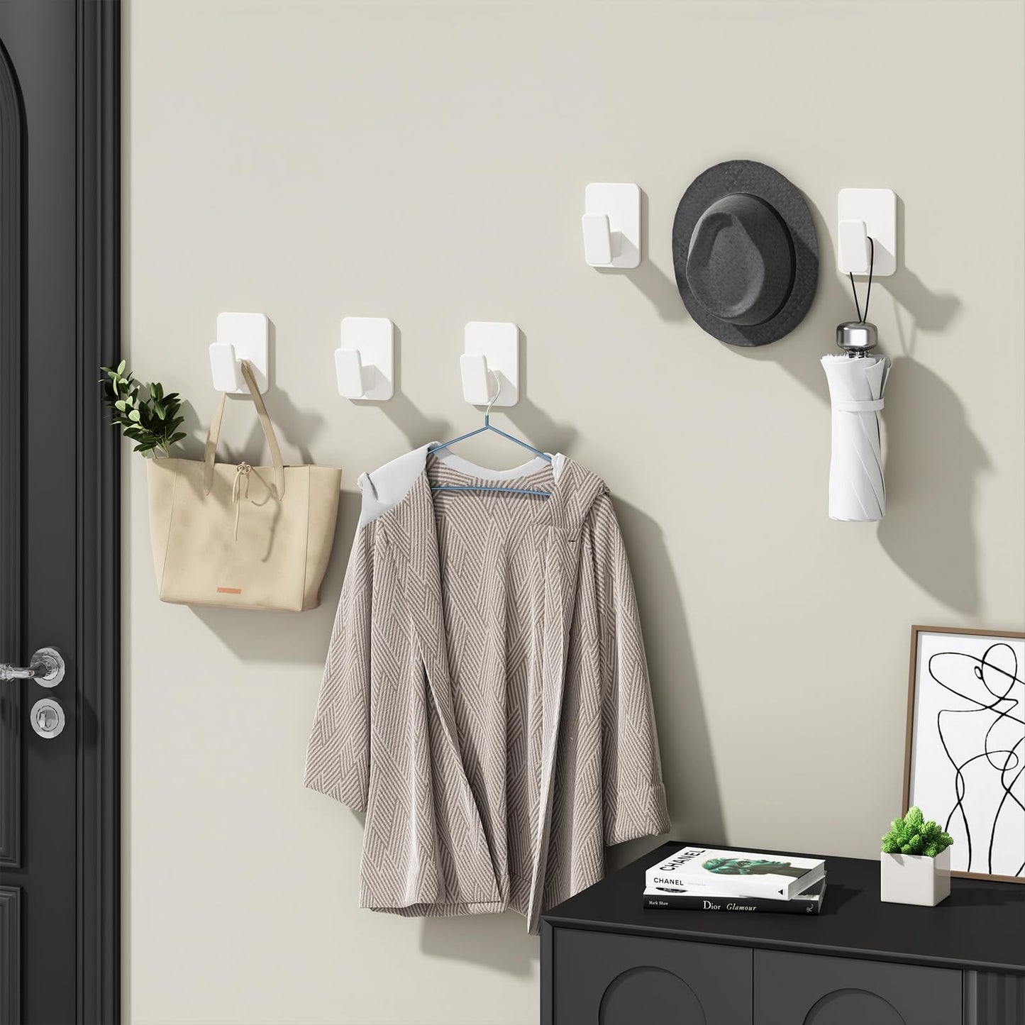 Wall Hooks for Hanging Adhesive Hat Hooks for Walls No Damage Towel Hooks for Bathrooms Coat Rack Wall Mount Black