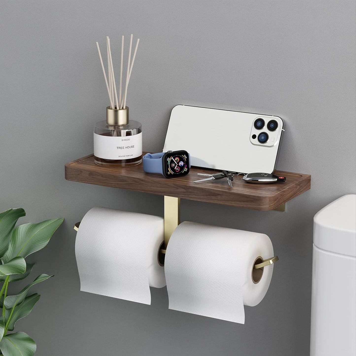 Danpoo Brushed Gold Toilet Paper Holder with Walnut Wood Shelf - Double Rolls, Wall-Mounted, Made of Premium Stainless Steel