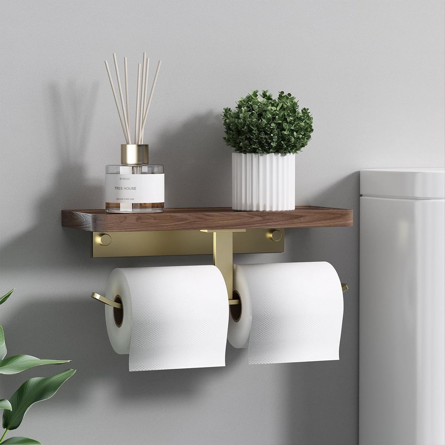 Danpoo Brushed Gold Toilet Paper Holder with Walnut Wood Shelf - Double Rolls, Wall-Mounted, Made of Premium Stainless Steel