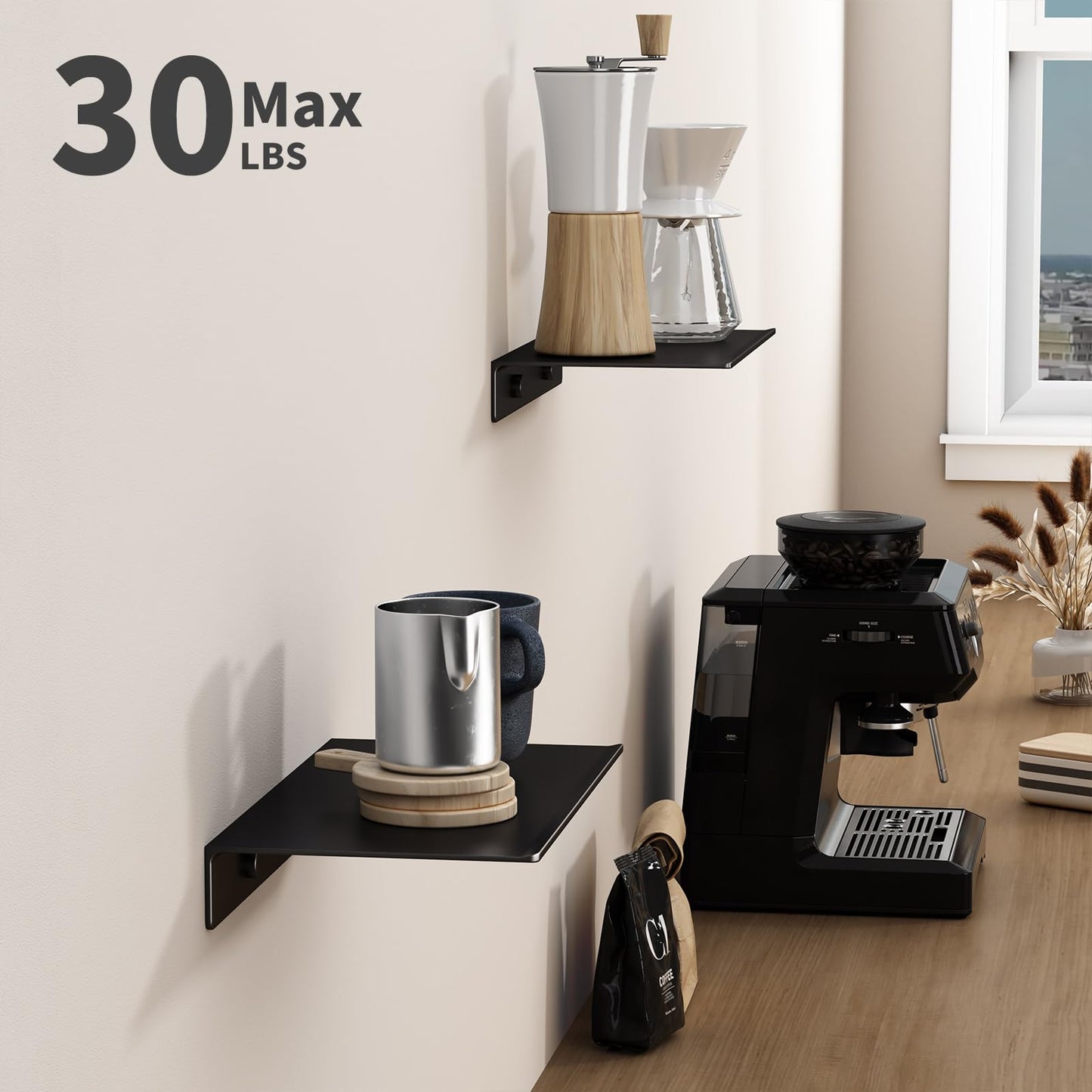 Danpoo Black Floating Shelves for Wall Storage, Metal Wall Shelves for Living Room, Bathroom, Kitchen, 12” Small Display Shelves for Collectibles(2 PCS)