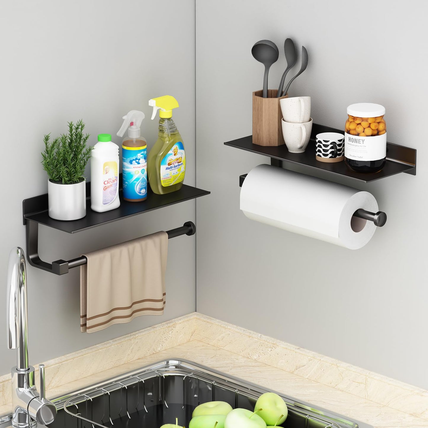 Danpoo Wall Mount Paper Towel Holder with Shelf for Bathroom, Kitchen Paper Towel Roll Holder, Hand Towel Holder Adhesive