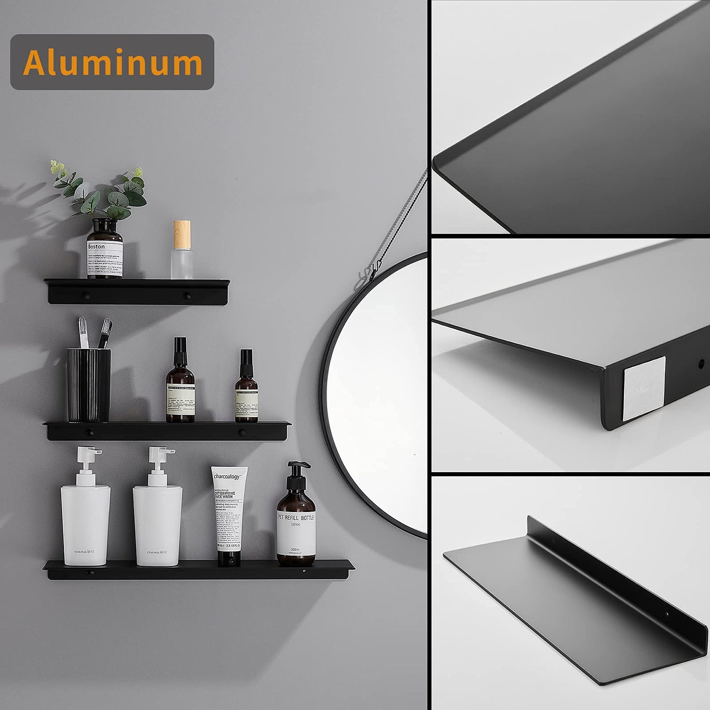Danpoo Black Floating Shelves for Wall Storage, Metal Wall Shelves for Living Room, Bathroom, Kitchen, 12” Small Display Shelves for Collectibles(2 PCS)