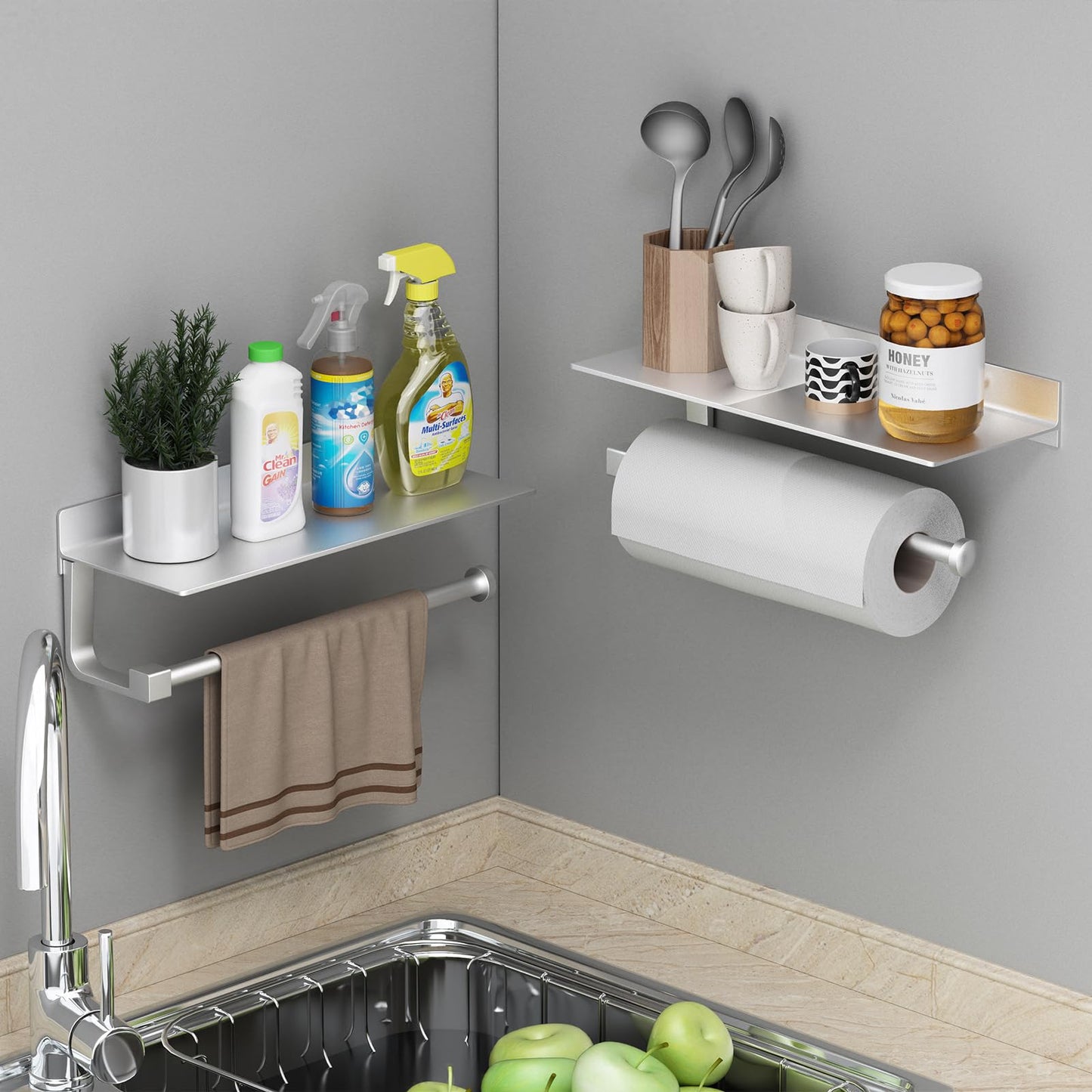 Danpoo Wall Mount Paper Towel Holder with Shelf for Bathroom, Kitchen Paper Towel Roll Holder, Hand Towel Holder Adhesive