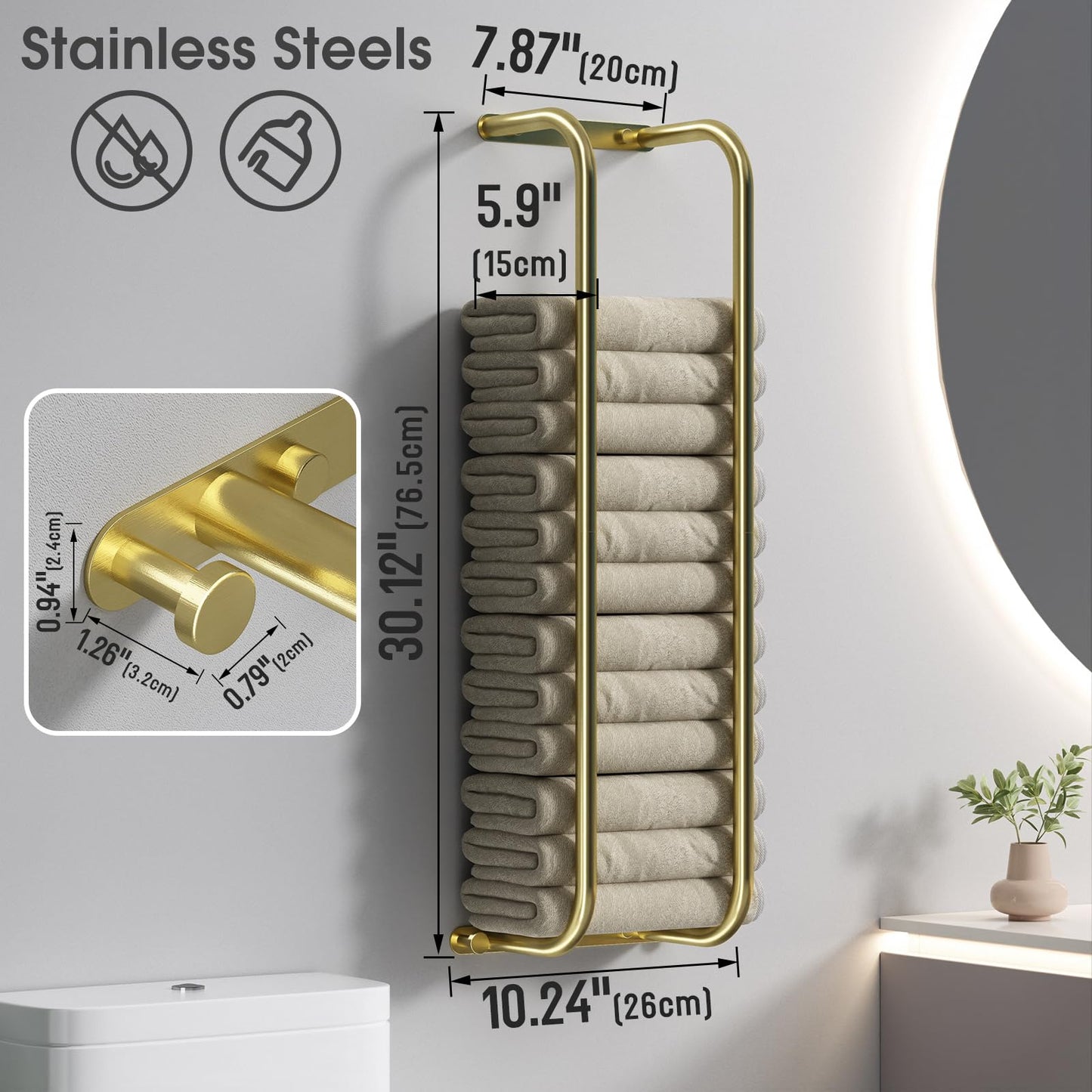Danpoo Towel Racks for Bathroom, Wall Towel Rack for Rolled Towels, Bathroom Towel Storage, Stainless Steel