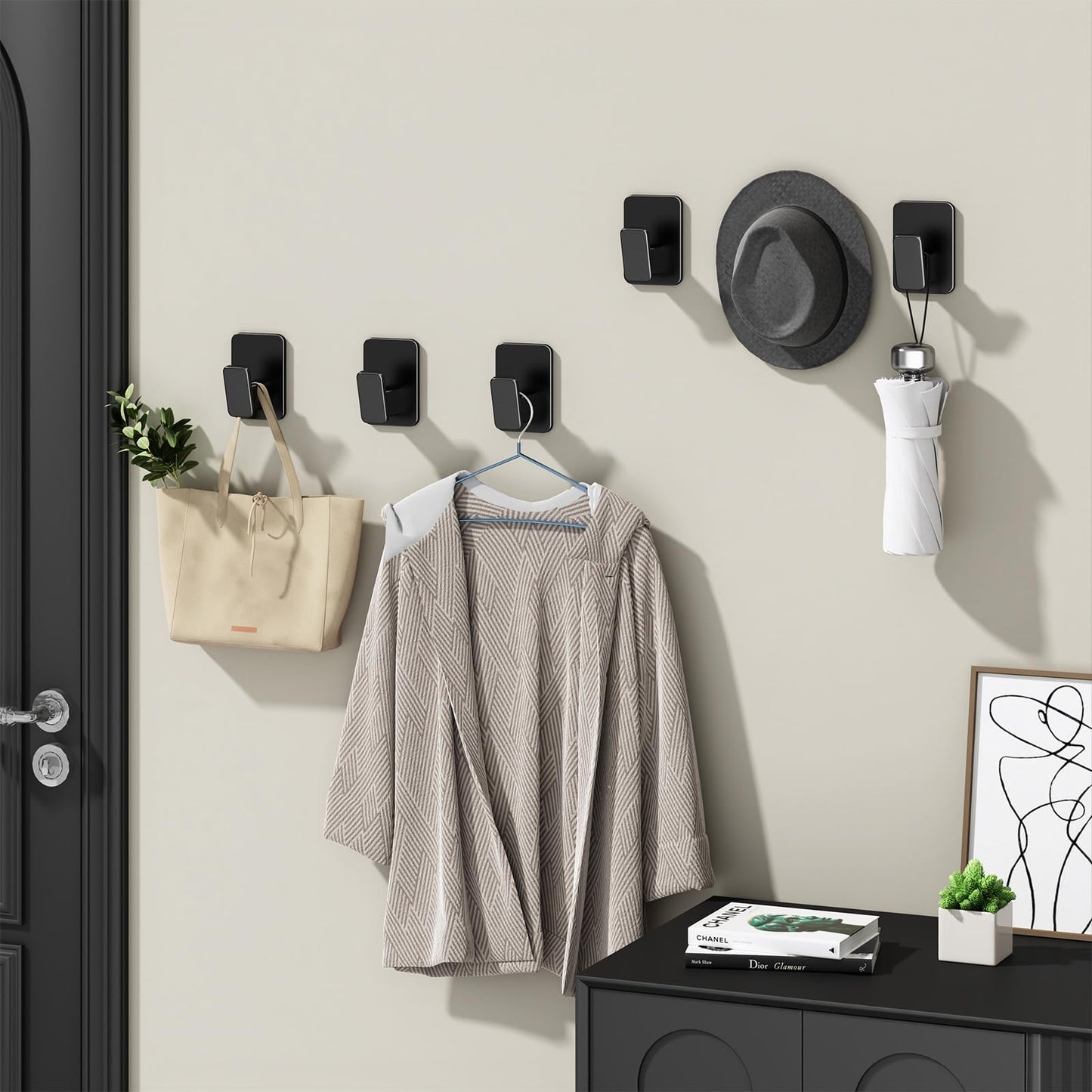 Wall Hooks for Hanging Adhesive Hat Hooks for Walls No Damage Towel Hooks for Bathrooms Coat Rack Wall Mount Black