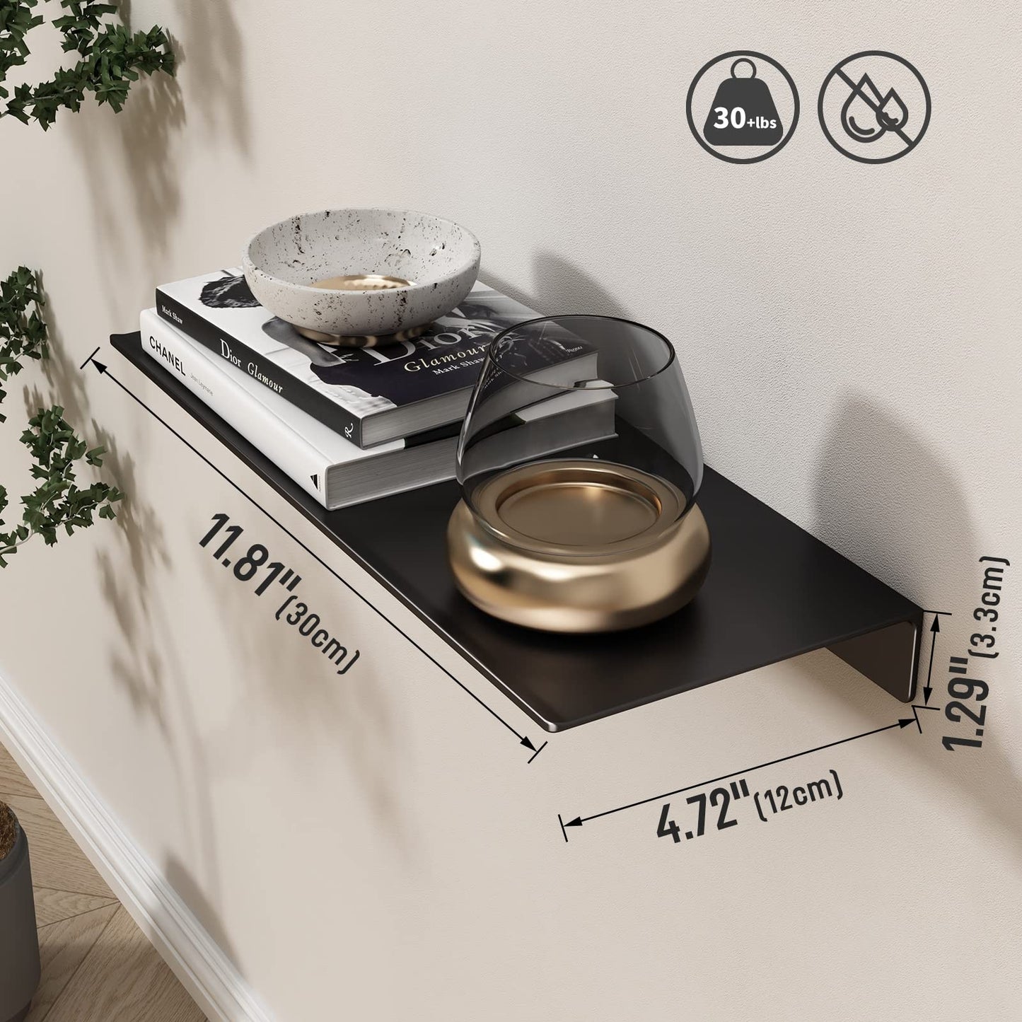Danpoo Black Floating Shelves for Wall Storage, Metal Wall Shelves for Living Room, Bathroom, Kitchen, 12” Small Display Shelves for Collectibles(2 PCS)