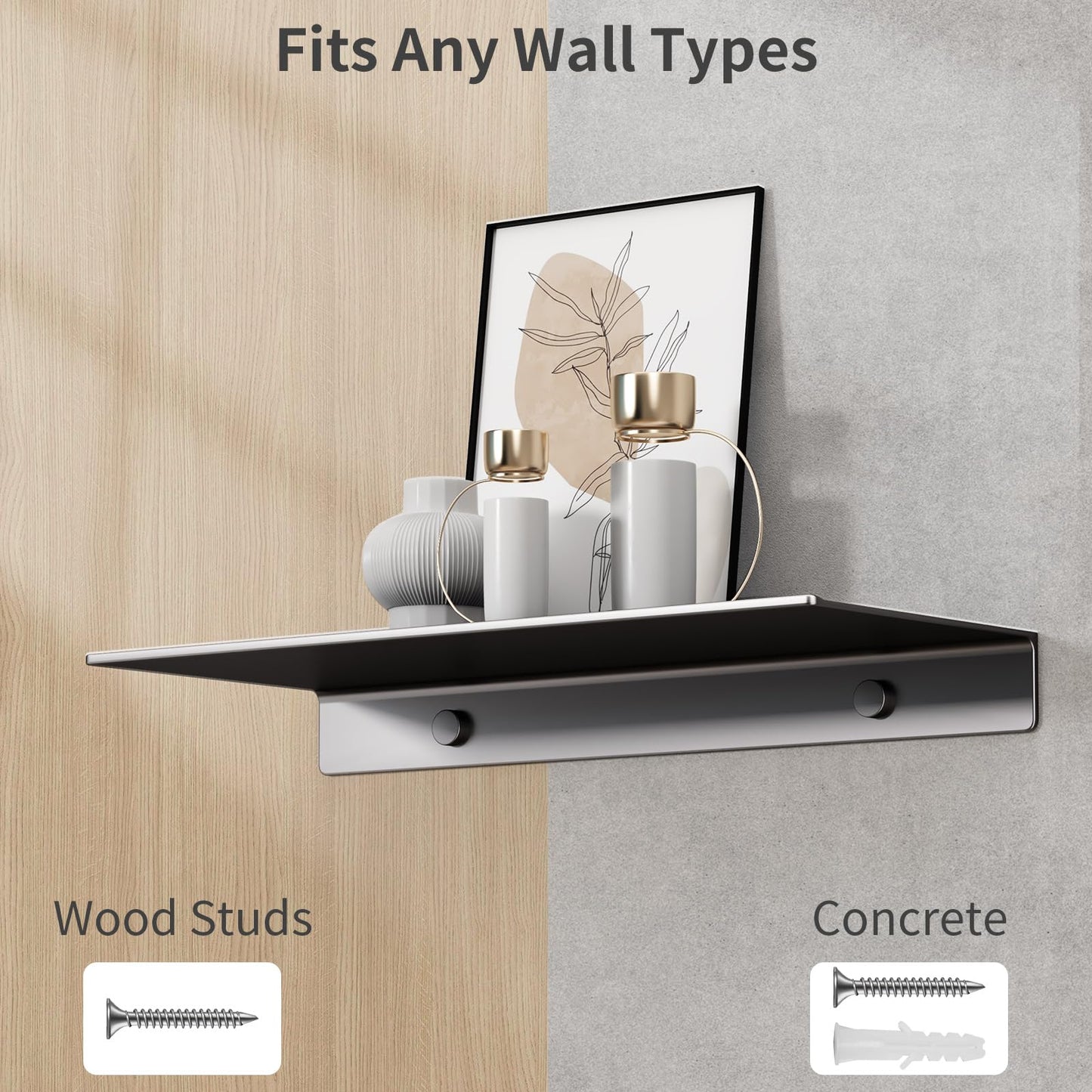 Danpoo Black Floating Shelves for Wall Storage, Metal Wall Shelves for Living Room, Bathroom, Kitchen, 12” Small Display Shelves for Collectibles(2 PCS)