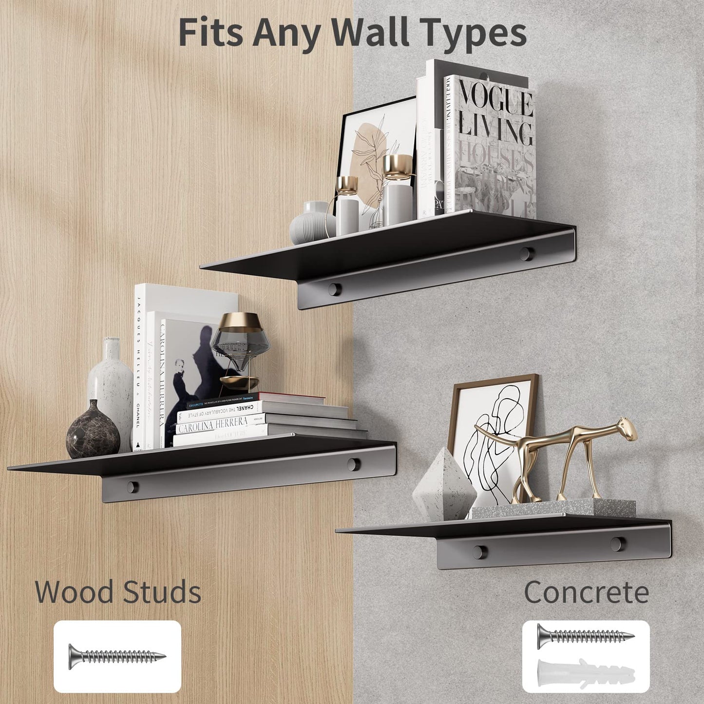 Danpoo Black Floating Shelves for Wall Storage, Metal Wall Shelves for Living Room, Bathroom, Kitchen, 12” Small Display Shelves for Collectibles(2 PCS)