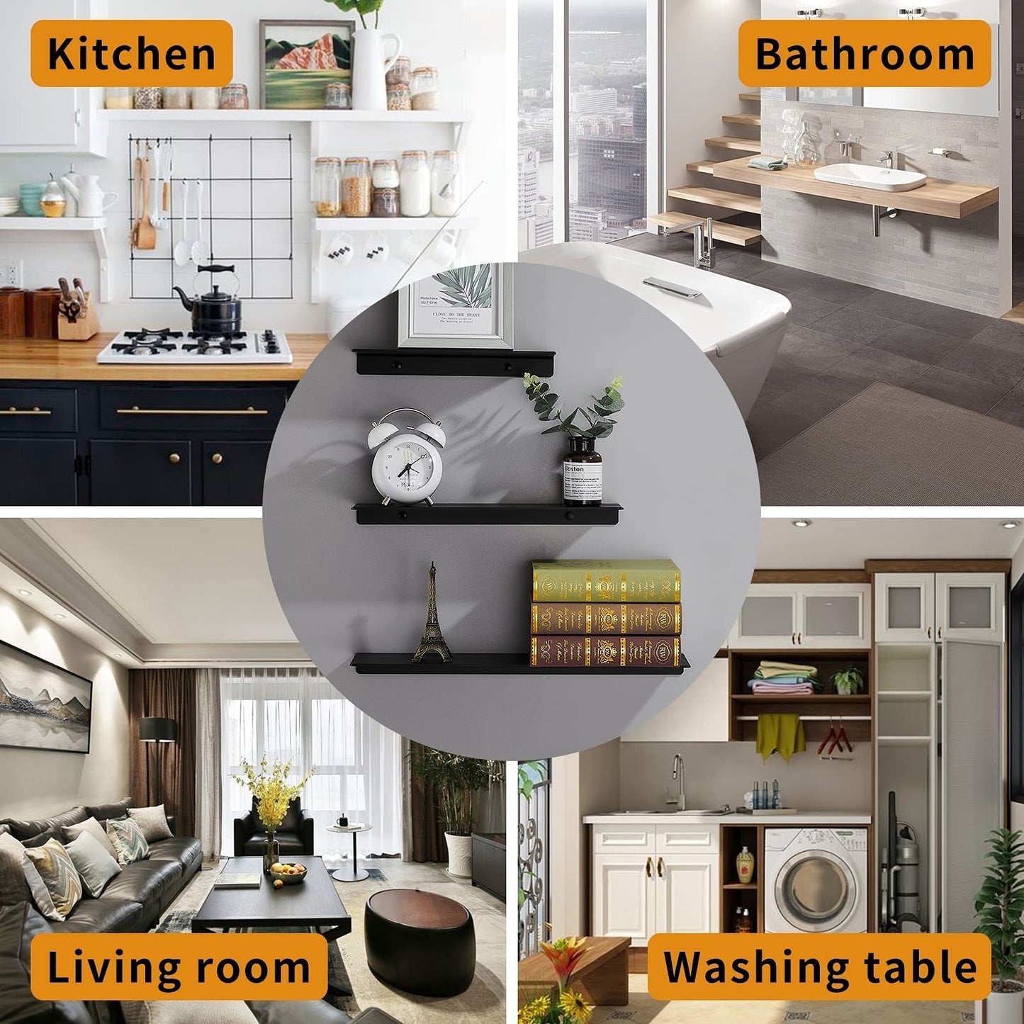 Danpoo Black Floating Shelves for Wall Storage, Metal Wall Shelves for Living Room, Bathroom, Kitchen, 12” Small Display Shelves for Collectibles(2 PCS)