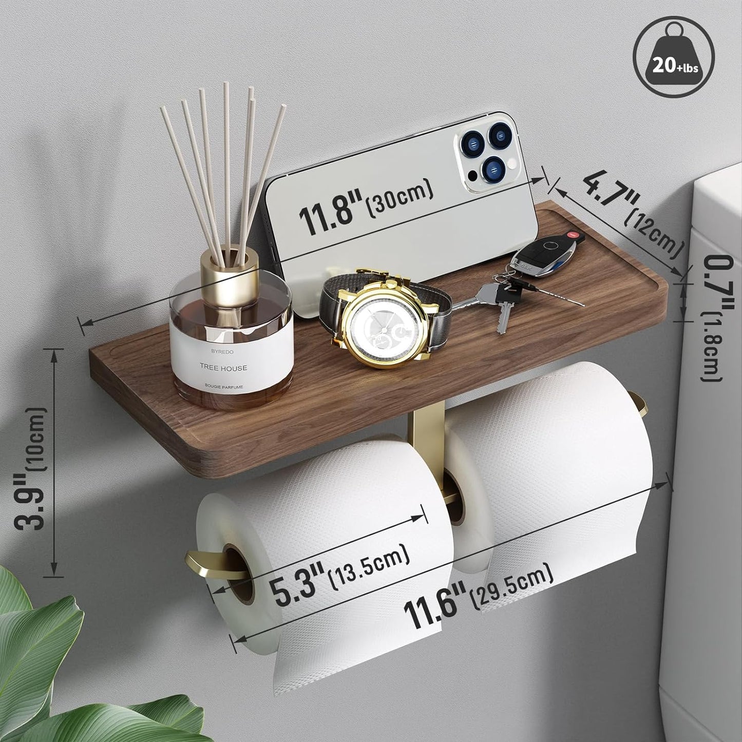 Danpoo Brushed Gold Toilet Paper Holder with Walnut Wood Shelf - Double Rolls, Wall-Mounted, Made of Premium Stainless Steel