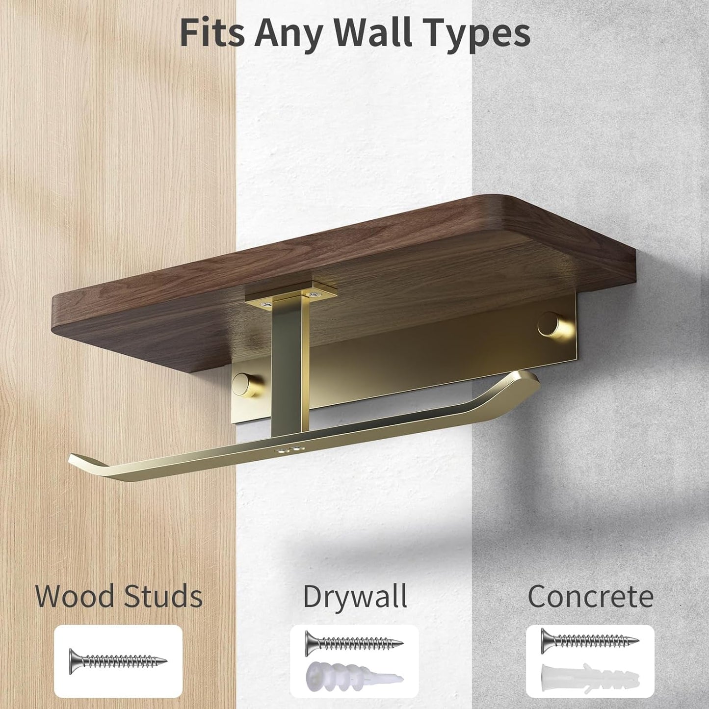 Danpoo Brushed Gold Toilet Paper Holder with Walnut Wood Shelf - Double Rolls, Wall-Mounted, Made of Premium Stainless Steel