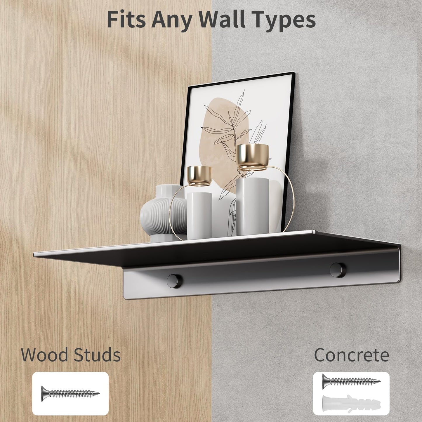 Danpoo Black Floating Shelves for Wall Storage, Metal Wall Shelves for Living Room, Bathroom, Kitchen, 12” Small Display Shelves for Collectibles(2 PCS)