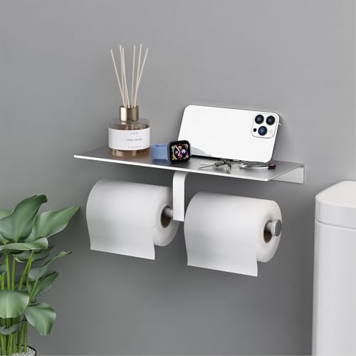 Danpoo Toilet Paper Toilet Holder with Shelf, Adhesive Toilet Paper Holder Wall Mount, Tissue Holder for Bathroom, Double Roll Commercial Toilet Paper Dispenser