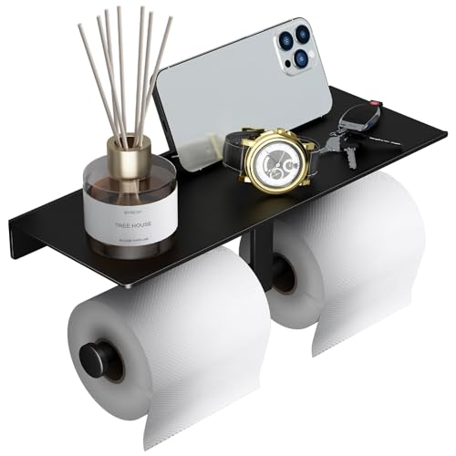 Danpoo Toilet Paper Toilet Holder with Shelf, Adhesive Toilet Paper Holder Wall Mount, Tissue Holder for Bathroom, Double Roll Commercial Toilet Paper Dispenser