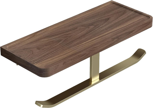 Danpoo Brushed Gold Toilet Paper Holder with Walnut Wood Shelf - Double Rolls, Wall-Mounted, Made of Premium Stainless Steel