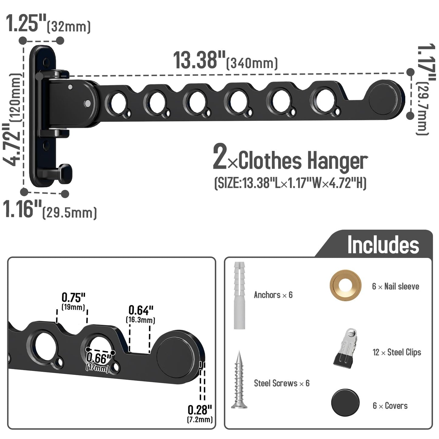 Clothes Drying Rack Foldable Wall Mounted Laundry Drying Rack Clothing Coat Hanger Clothes Dryer Black